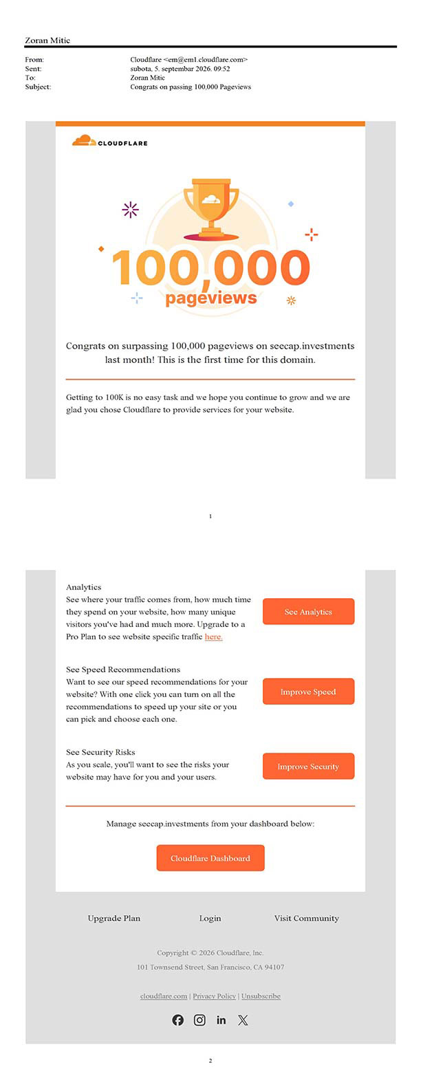 Cloudflare Congrats Email - Over 100.000 Pageviews