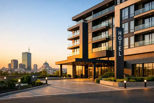 Ulaz i prilaz modernom gradskom hotelu u Srbiji u mirnom prirodnom okruženju, sa vertikalnim natpisom HOTEL