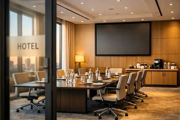 Современный конференц-зал в отеле в Сербии, готовый к деловым мероприятиям (MICE)