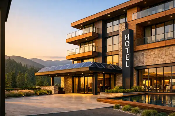 Современный отель в Сербии с элементами энергоэффективности (например, солнечными панелями) и видимой вывеской HOTEL